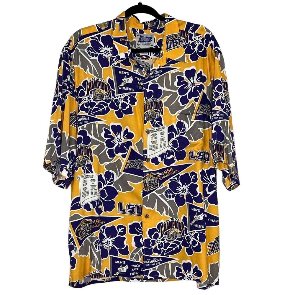 Reyn Spooner Sport Men’s Sz XL LSU Tigers Champions Hawaiian Shirt Pennants
